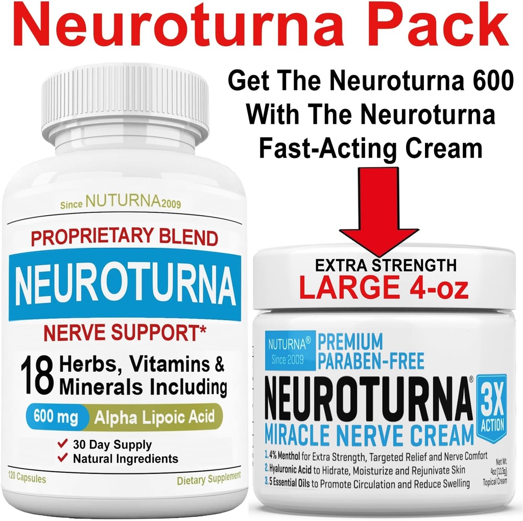 Nerve Relief Cream 4 oz Plus Neuroturna Nerve Soporte 600 mg ALA Suplemento