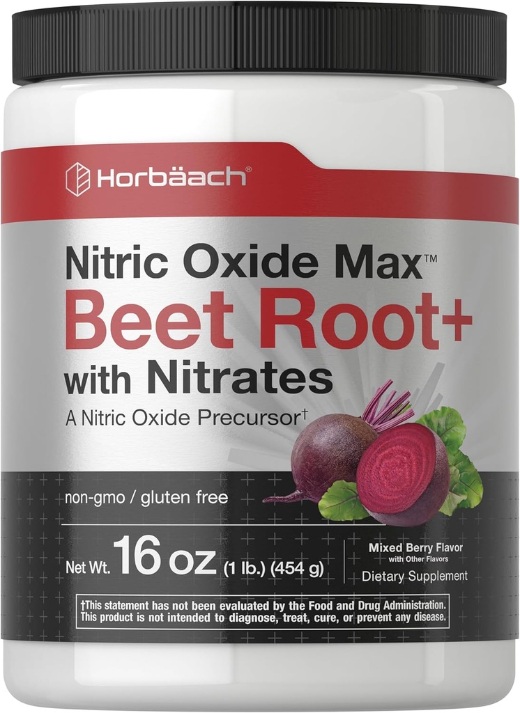 Horbaach Nitric Oxide Powder Silencio 16 oz Silencioso Suplemento para Hombres " Mujeres Silencio con Beet Root " Nitrates ← Mixed Berry Flavor ← Vegan, Non-GMO " Gluten Free