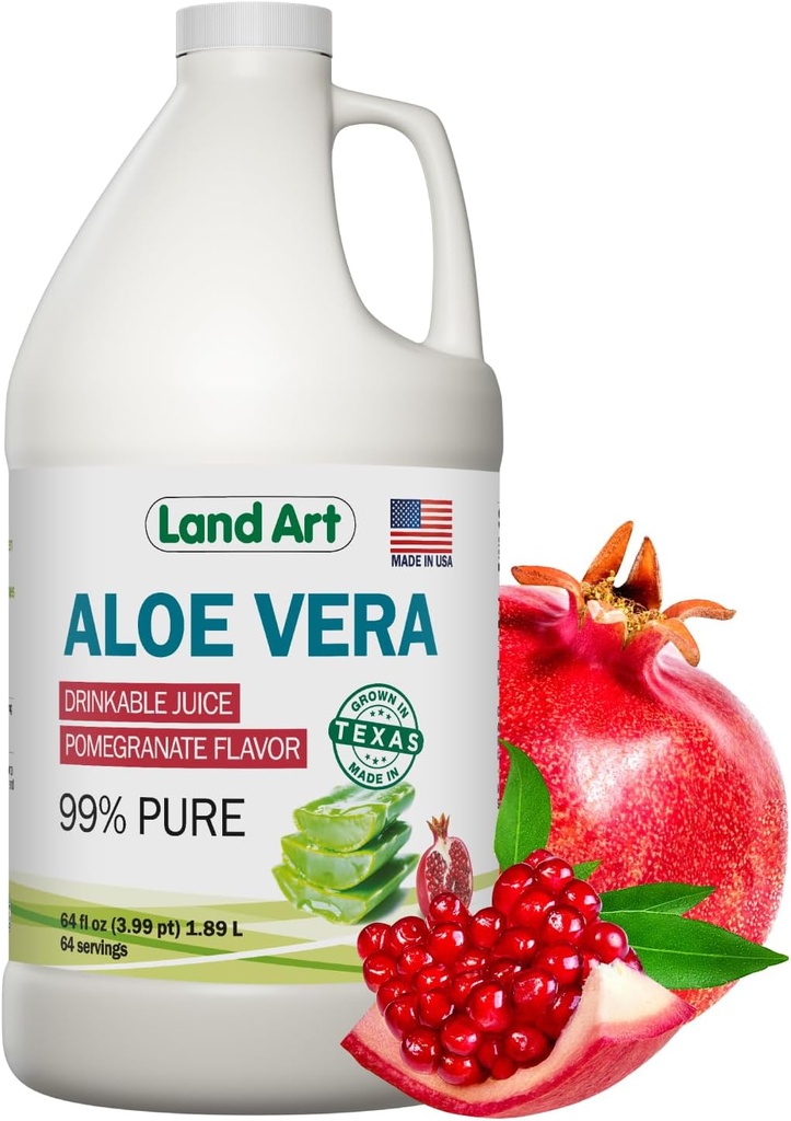 Land Art Pure Aloe Vera Juice - Pomegranate Flavored - Cold-Processed - Filete interno de hojas orgánicas frescas de Texas - Aid- 64 fl oz