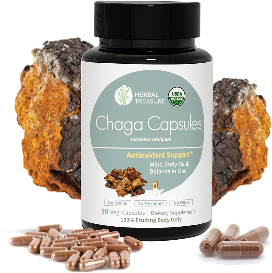 Herbal Treasure Chaga Mushrooms Powder Capsules, Mushroom Supplement for Functional Mushroom, Chaga Mushroom Capsules for Energy, & Immune Support, Organic Mushroom Supplement 90 Caps