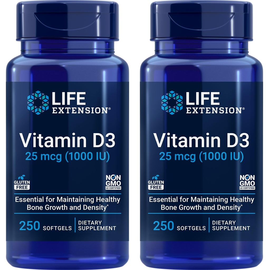 Extensión de vida Vitamina D3 25 mcg (1000 UI), Soporte de sistema inmunitario, salud ósea, salud integral, tamaño de valor, libre de gluten, no transgénico – dos paquete - 2 x 250 Softgels