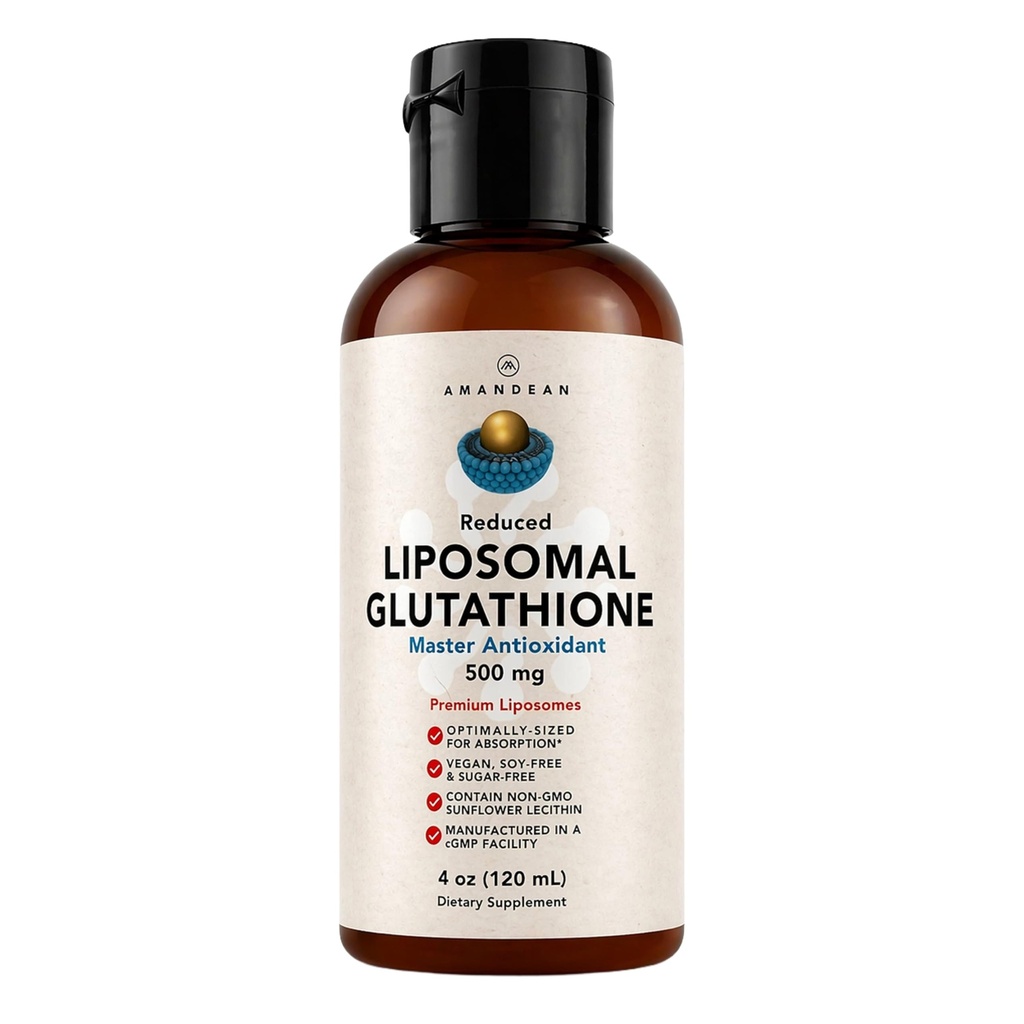 AMANDEAN Liposomal Glutathione Suplemento. Setria reducida líquida 500mg. Apoyo inmunológico, Salud cerebral, Detox hígado, Salud de la piel. Phosphatidylcholine de Non-GMO Sunflower Lecithin. Soy libre de vegano.
