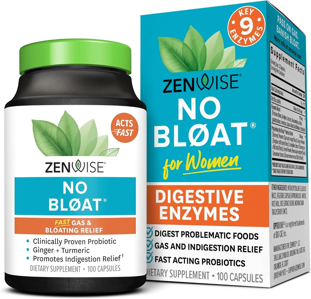 Zenwise Health No Bloat Digestive Enzymes for Gut Health, Gas & Bloating Relief - Multi Enzymes Digestion Supplement with Probiotics, Ginger, Turmeric Dandelion & Lactase - Men & Women - 100 Count