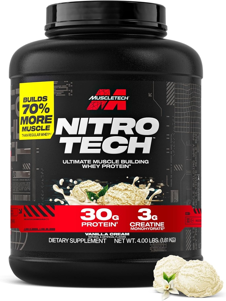Muscletech Whey Protein Powder (Vanilla Cream, 4 libras) - Nitro-Tech Ultimate Muscle Building Fórmula con Whey Protein Isolate - 30g de Proteína, 3g de Creatine & 6.8g de BCAA - Embalaje mayo Vary