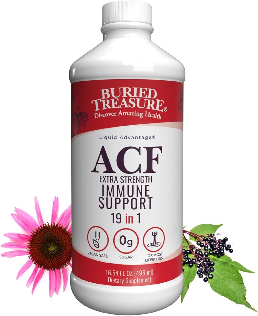 Tesoro enterrado ACF Soporte de Inmunidad de Fuerza Extranjera - 16 oz, 16 Servings, Liquid Dietary Immunity Boost w / Elderberry, Vitamina C & Zinc, Herbal Fórmula