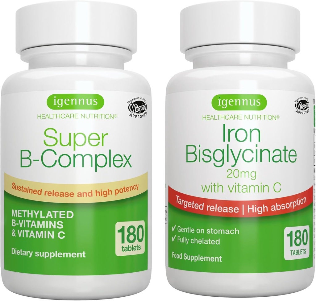 Super B-Complex & alta absorción Iron Bisglycinate 20mg con vitamina C, Vegan Bundle, Methylated Sustained Release B Complex & Gentle One-a-Day Iron with Targeted Release, by Igennus