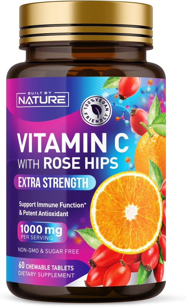 Construido por Nature Chewable Vitamina C con Rosa HIPS - 1000 mg Immune Support Supplement - Non-GMO, Gluten-Free, Vegan - Potente antioxidante para la energía & Collagen Boost - Orange Flavor – 60 Tablets