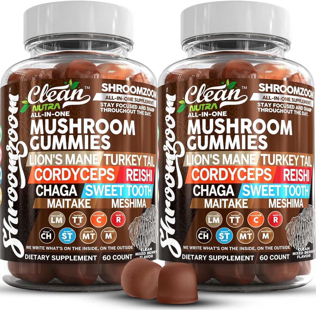 15in1 Mushroom Gummies con Lion's Mane Turkey Tail Cordyceps Reishi Chaga Sweet Toot Maitake Meshima Poria Cocos Shiitake Tremella, Oyster Agaricus Mushrooms for Men and Women Supplement - 2Pack