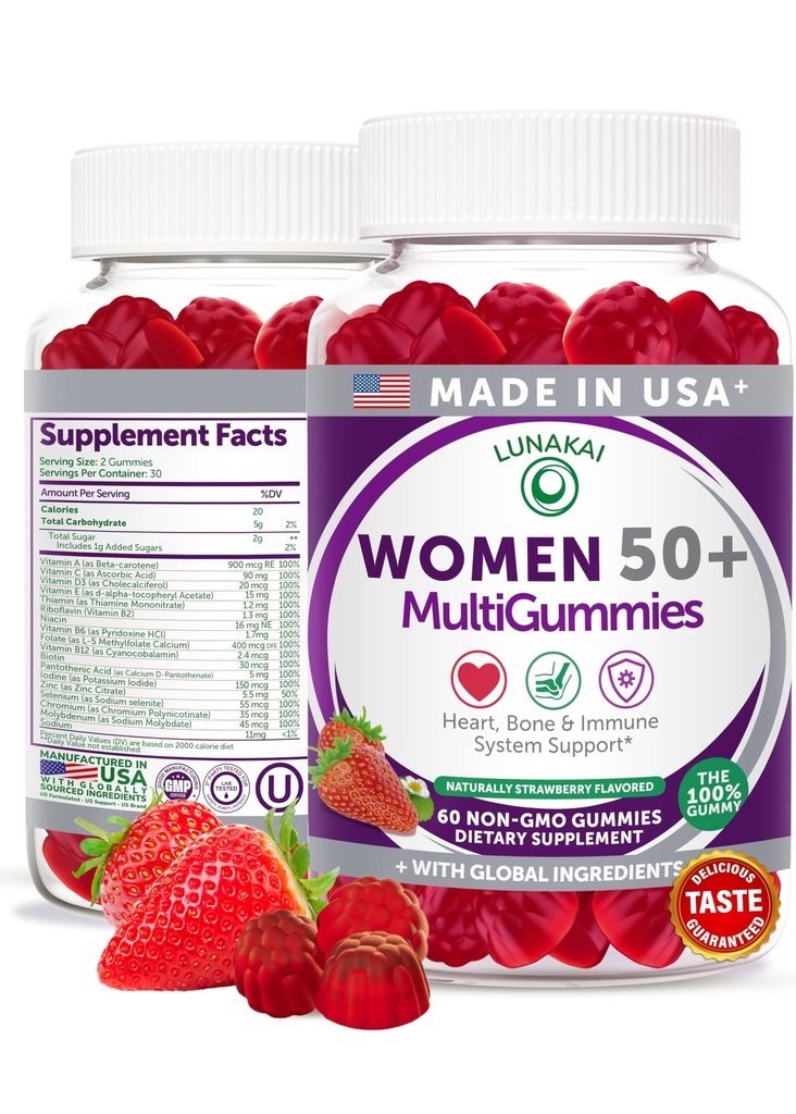 Lunakai EE.UU. Fabricado 50 Más Mangas Multivitamínicas para Mujeres - Fórmula Deliciosa Mejorada con Vitaminas Esenciales &amp; Minerales para la Salud &amp; Vitalidad - 60ct