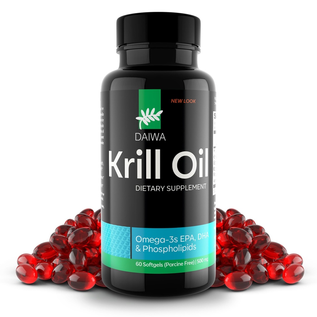 Daiwa Krill Oil 1000mg Softgels - EPA DHA Omega 3 Antártico Krill Oil Suplemento con Astaxanthin - Solución natural para la unión, el apoyo cerebral y la salud cardíaca - 60/ct