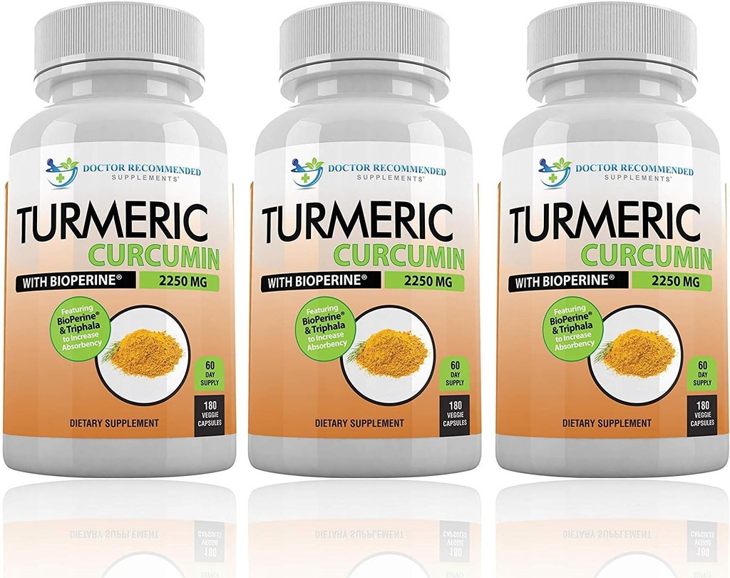 Curcumina de Turmérica con Bioperina y Triphala - 2250mg/d - 540 cápsulas de verduras con extracto de pimienta negra - Suplemento de turcuménico
