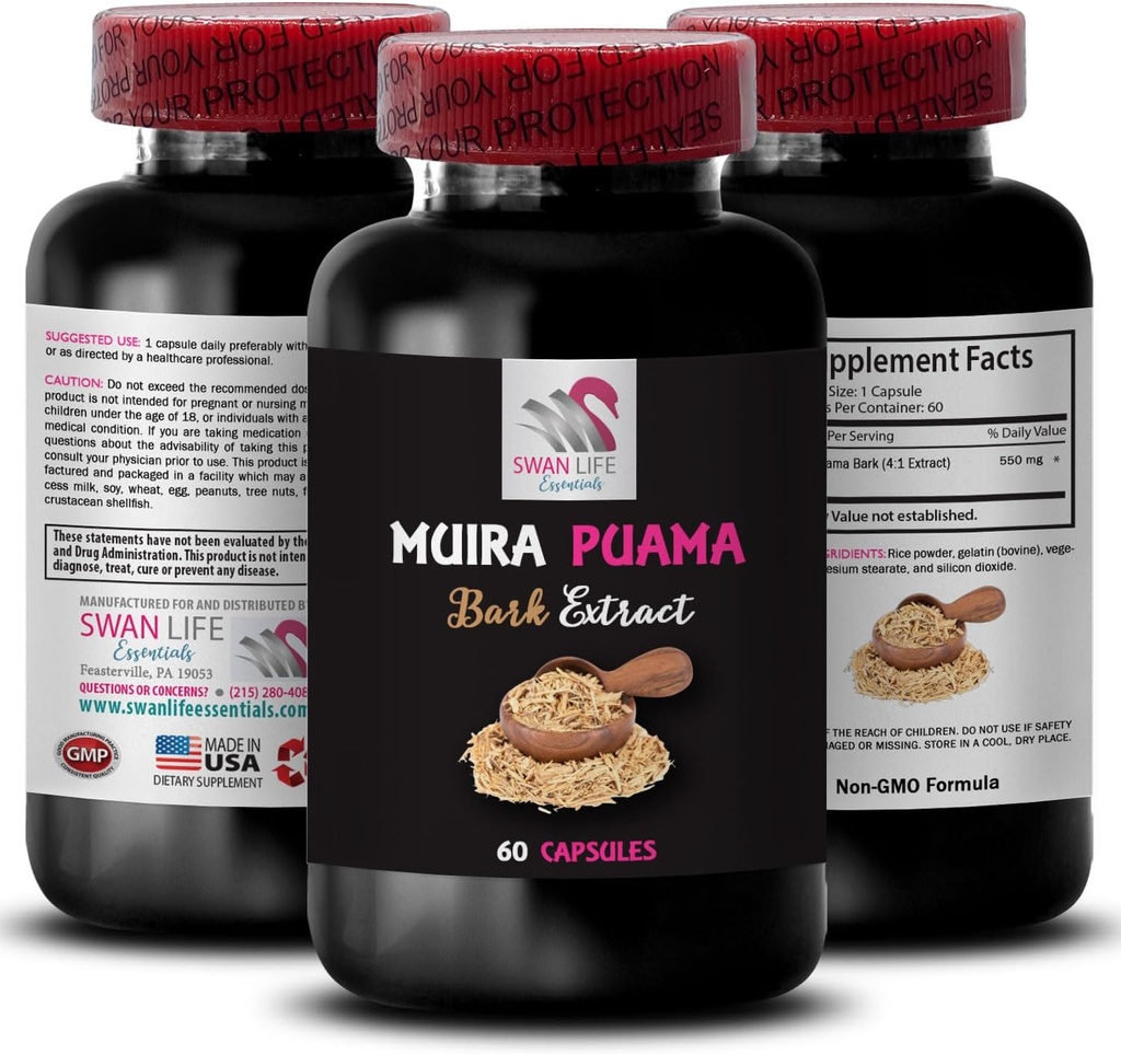 Energy Synergy Formula - MUIRA PUAMA BARK EXTRACT - Rutina energizante, agitación de hierbas, fuerza de base vegetal, acompañamiento de día activo, recarga de resistencia, unidad botánica 1 botella 60 cápsulas