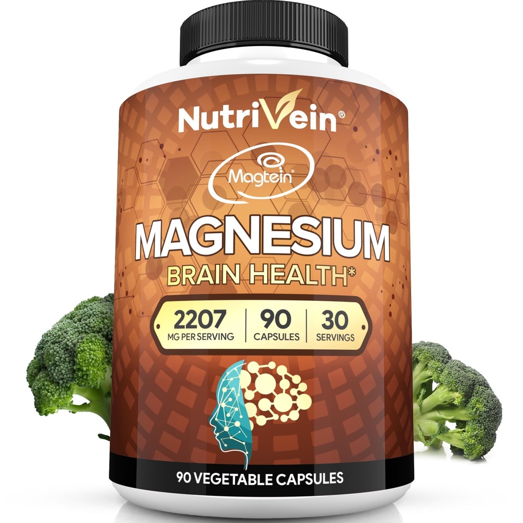 Nutrivein Premium Magtein Magnesium L-Threonate Suplemento 2207 mg - 90 caps (3 a día): Alta absorción Magnesio Threonate para Cerebro, Dormir, Mood &amp; Recuperación