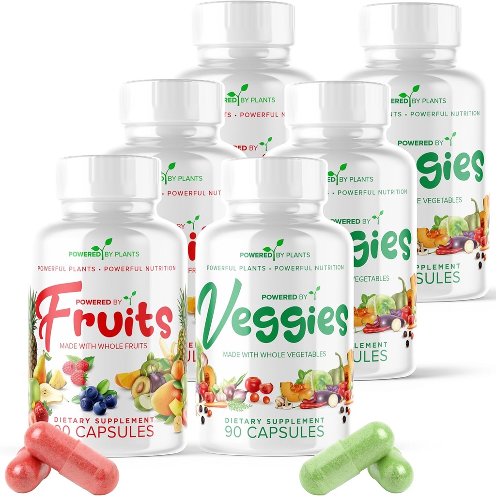 Frutas & verduras cápsulas - Superalimentos naturales empaquetados con vitaminas & minerales - Frutas & Suplementos vegetales para adultos Pack de 6, 90 cápsulas