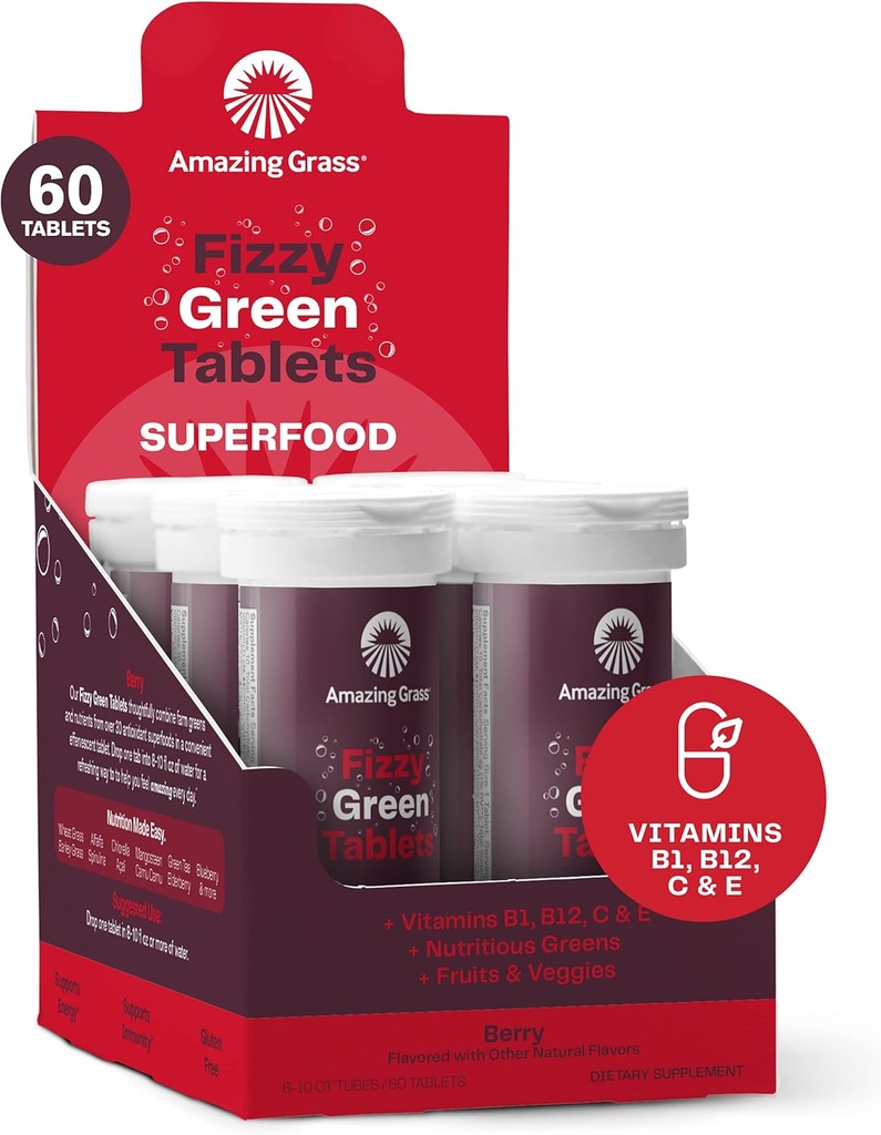 Amazing Grass Fizzy Green Tablets Superfood Berry: Green Superfood Water Flavoring Tablet with Antioxidants & Alkalizing Greens, 60 Cuenta