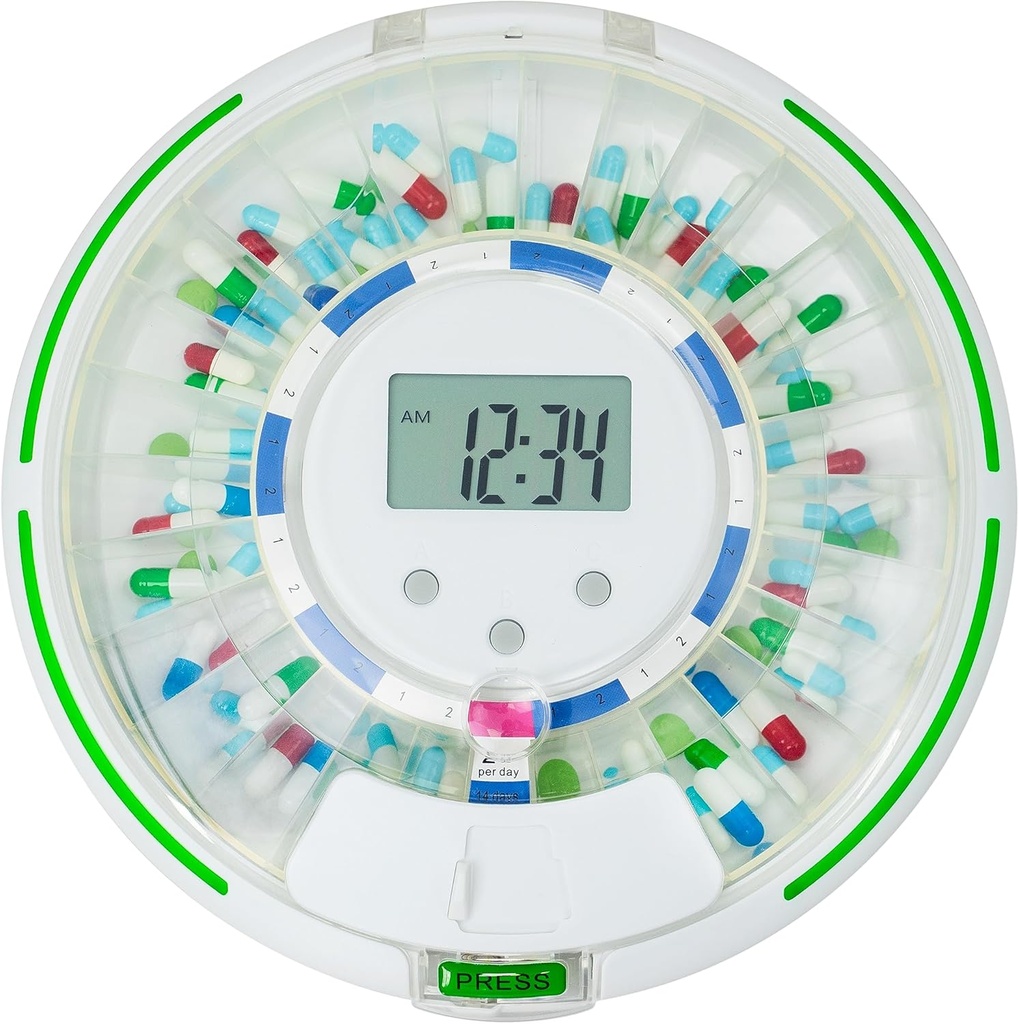 Dispensador automático de píldoras para el anciano con alarma, bloqueo dispensador de medicamentos de 28 días, 6 plantillas de dosis, sonido " alertas de luz " llave para vitaminas, suplementos (Lid azul)