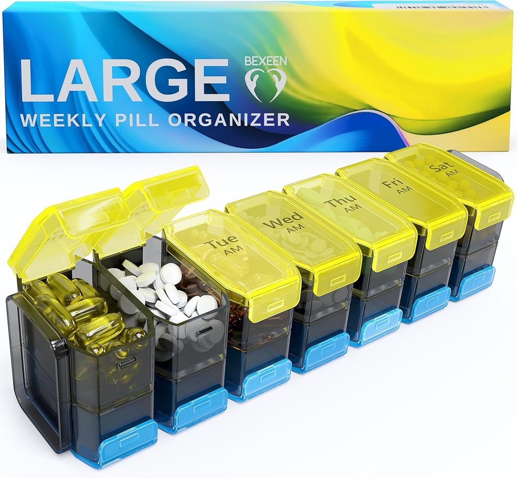 Organizador extra grande de píldoras 2 veces al día – XL Pill Box 7 Día con grandes compartamentos AM/PM – Contiene grandes vitaminas, suplementos y gomas, para uso de 7 o 14 días, coloreado, de alta definición, sin especias