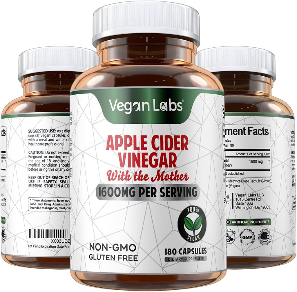 Laboratorios veganos Apple vinagre cider cápsulas con las cápsulas veganas madre- 180, 1600MG por servidor- 100% natural ACV píldoras- soporta la digestión saludable, Keto, gestión de peso, detox, y sistema inmunitario