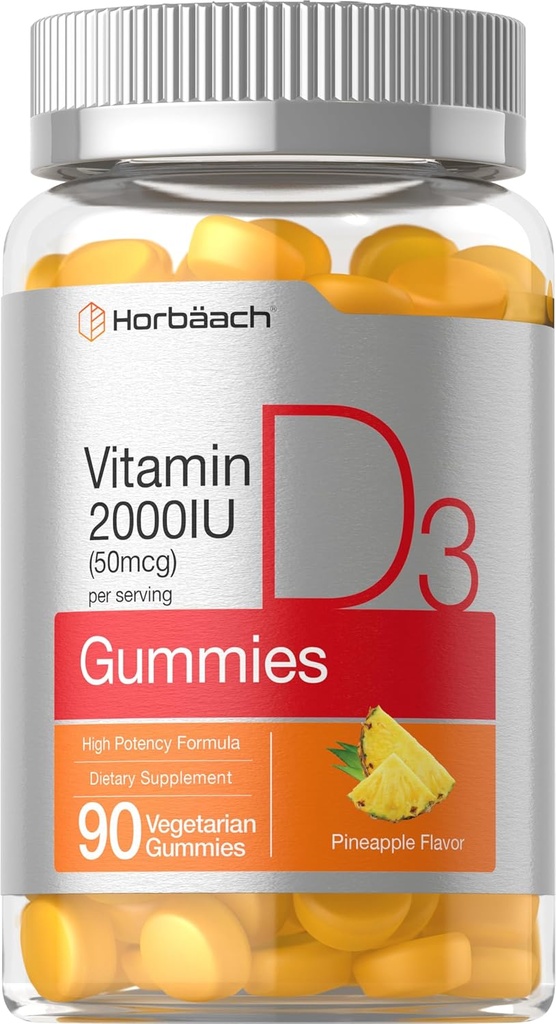 Horbäach Vitamina D3 2000iu Gummies TENIDO 90 Conde TENIDO Fórmula Vegetariana de Alta Potencia TEN Pineapple Flavor ANTE 50 mcg Silencio No GMO & Gluten Suplemento Libre