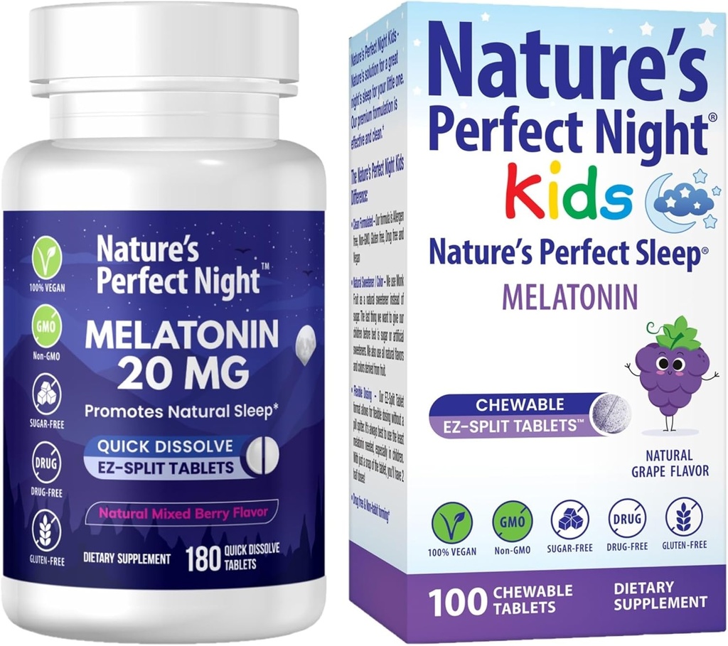 Perfect Night Bundle _ Melatonin 20mg Silencio Kids Melatonin 1mg Silencio 180 Conde Silencio 100 Conde Silencio Sugar Gratis Silencio Gluten Free ← No-GMO Silencio Vegan