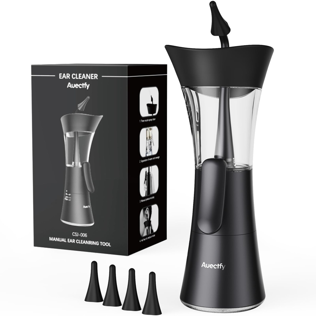 Manual Ear Wax Removal Kit - One-Hand Control Ear Cleaner Tool, Easy to Use Ear Irrigation Flushing System with Soft Silicone Tip for Effective & Safe to Clean Ear Built Up Wax Home Use(Black)
