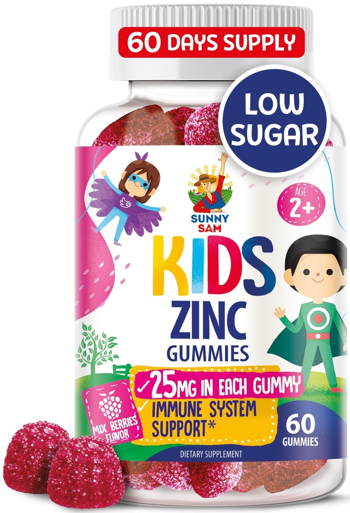 Zinc Gummies para niños - Chewable Zinc Gummy Suplemento para niños Immune Support - Bajo Azúcar Natural Antioxidante No GMO Vitamina Chewables para niños pequeños y adolescentes - 60 Gummies