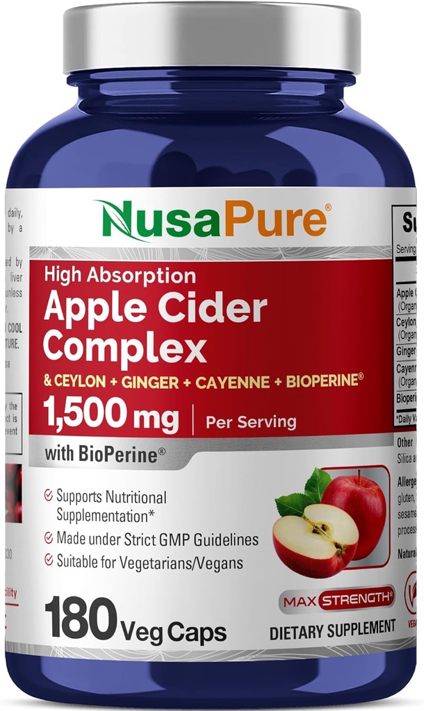 [BRSWGCQOBZ7BU2TF] Complejo de vinagre de manzana NusaPure 1500 mg 180 tazas Apto para vegetarianos y veganos, no GMO