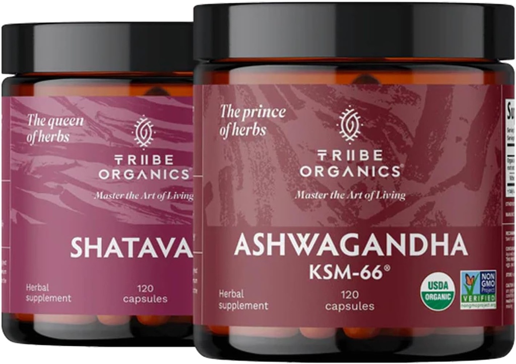 TRIBE ORGANICS Hormonal Wellness Duo - Ashwagandha & Shatavari Capsules - Apoya el bienestar y el equilibrio de las mujeres