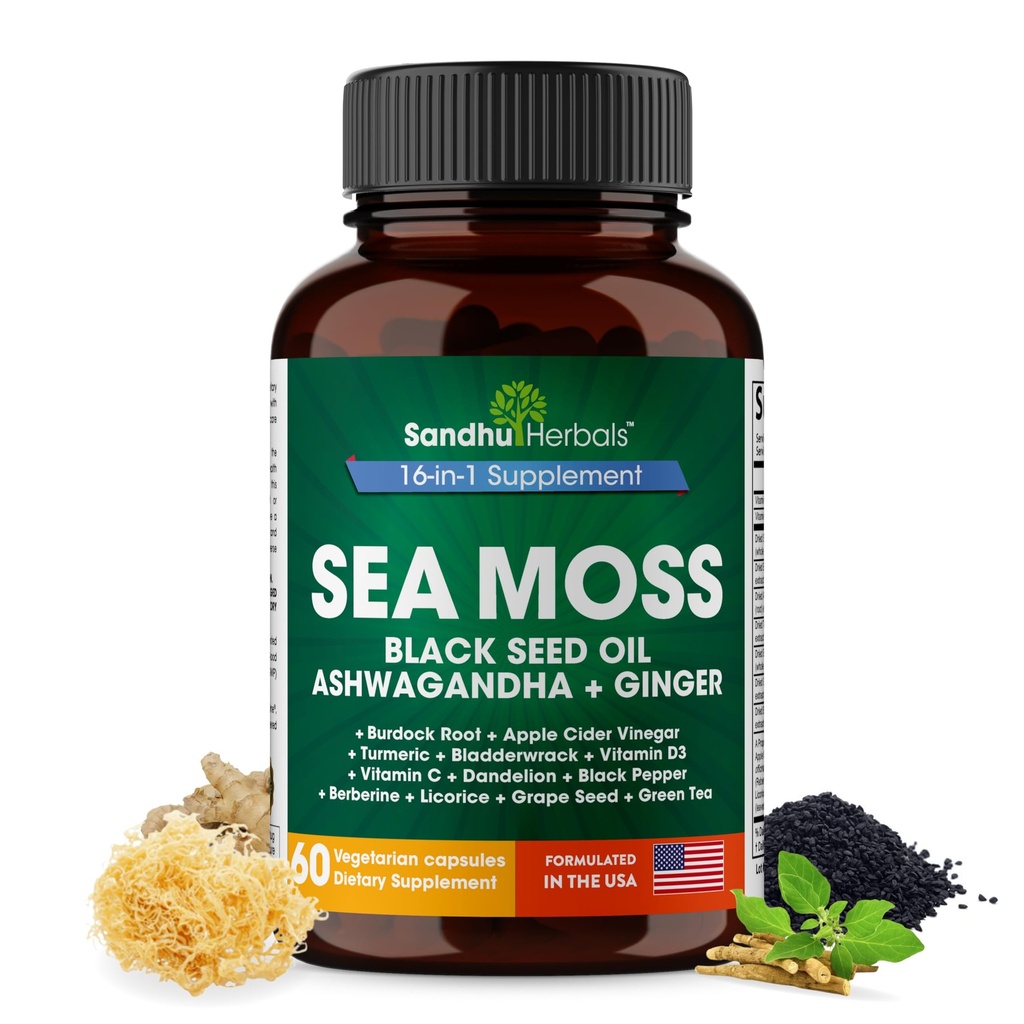 SANDHUHERBALS Sea Moss Capsules with Black Seed Oil Ashwagandha Ginger Burdock Root ← Avanzadas Seamoss 60 Cuenta Silencio Todos Hombre Mujer Edad