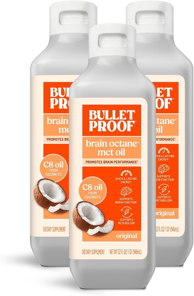 Bulletproof Brain Octane C8 MCT Oil, 32 onzas (Pack of 3), Keto Supplement for Sustained Energy and Craving Support