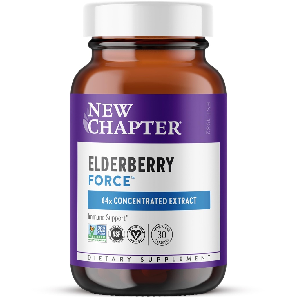 Nuevo Capítulo Vegan Elderberry Capsules con 64x Concentrado Negro Elderberry + Currante Negro para Soporte Integral de Inmunes, Proyecto No GMO Verificado, Gluten Libre, Certificado Vegan, 30 Conde