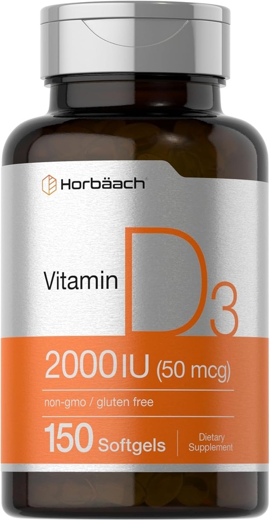 Horbaach Vitamina D3 2000IU Softgels tención 150 Conde ← 50mcg Cholecalciferol Silencio No GMO & Gluten Suplemento gratuito
