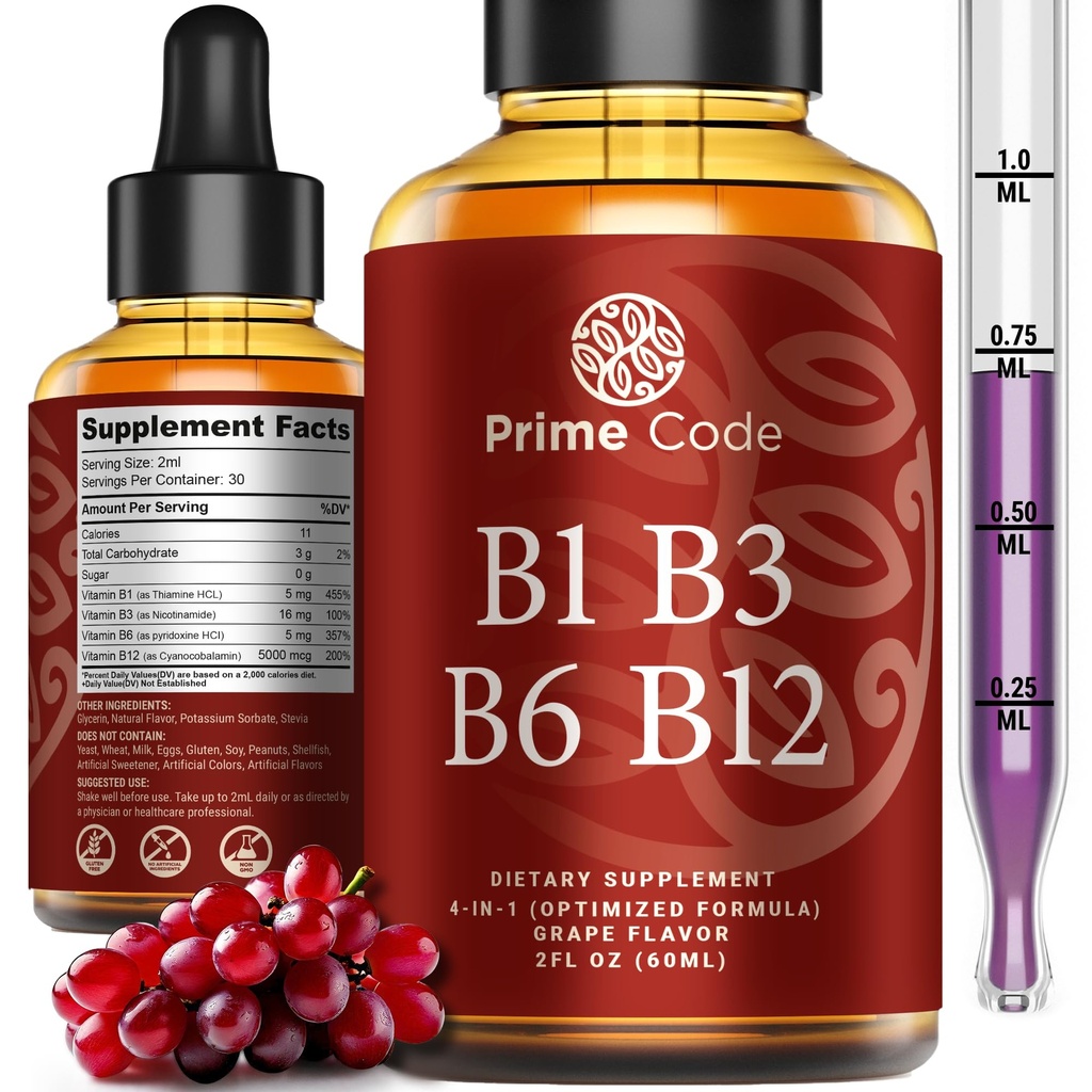 Prime Code Liquid Vitamin B1 Drops with Vitamin B3 B6 &amp; B12 ← B Complejo Suplemento Líquido Silencioso Suplemento de la tiamina para Adultos ANTE Alta Absorción Silencioso Apoyo inmunitario