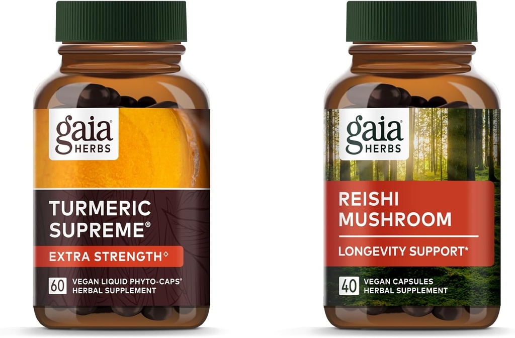 Gaia Herbs Turmeric Fuerza Extra Suprema - 60 Vegan Liquid Phyto-Capsules & Reishi Mushroom - Sistema Inmunitario " Apoye la salud del corazón - 40 comprimidos veganos Phyto-Capsules (2 Pack)