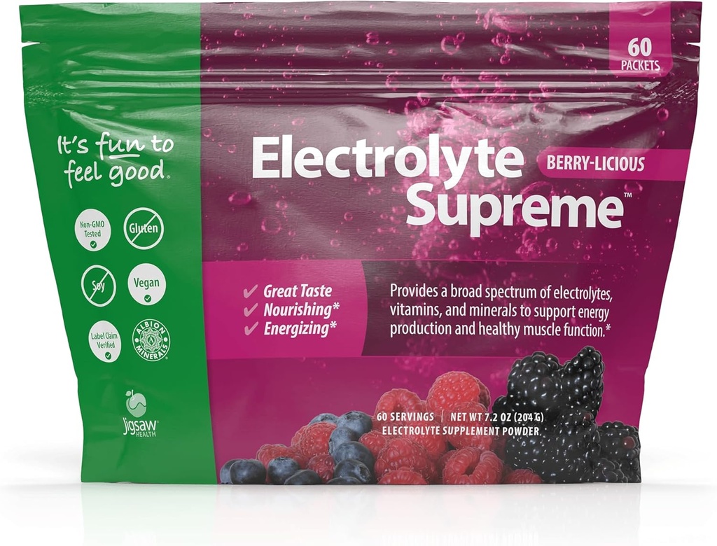 Jigsaw Health Electrolyte Supreme tención Broad Spectrum of Electrolytes + Trace Minerals  Berry-Licious Flavor ← 60 Servings (Packets)