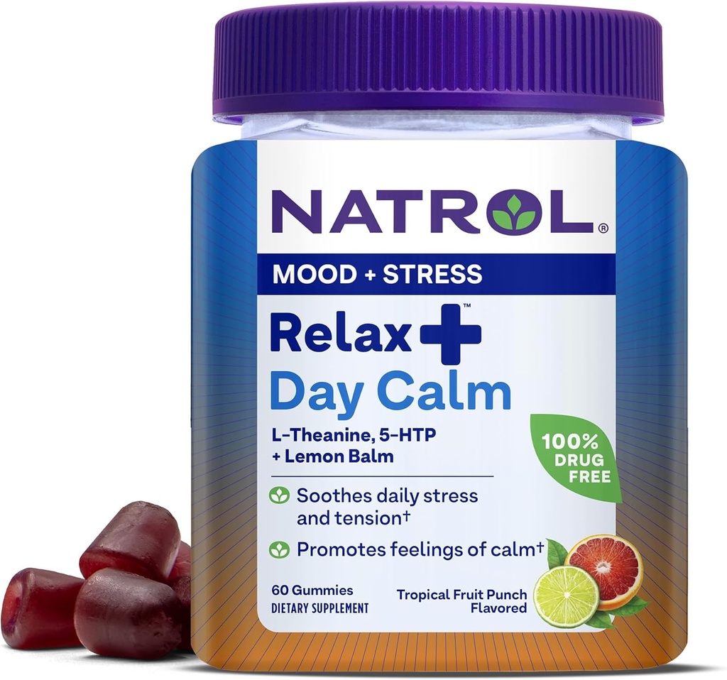 Natrol Mood+ Estrés Relax+ Día de la calma Gummies for Occasional Stress, Tropical Fruit Punch, 60 Cuenta, 60 Day Supply