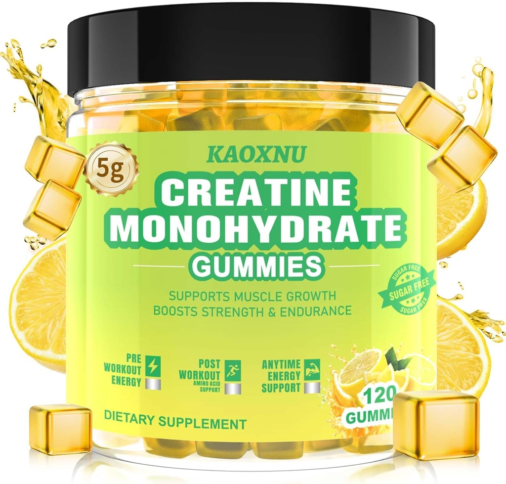 Cretina Monohydrate Gummies 5600mg para Hombres & Mujeres, 120 CT Chewable Creatine Gummies for Muscle Support, Energy Boost, 5.6g of Creatine Monohydrate per Serving - Sugar Free, Vegan (Lemon Flavor)