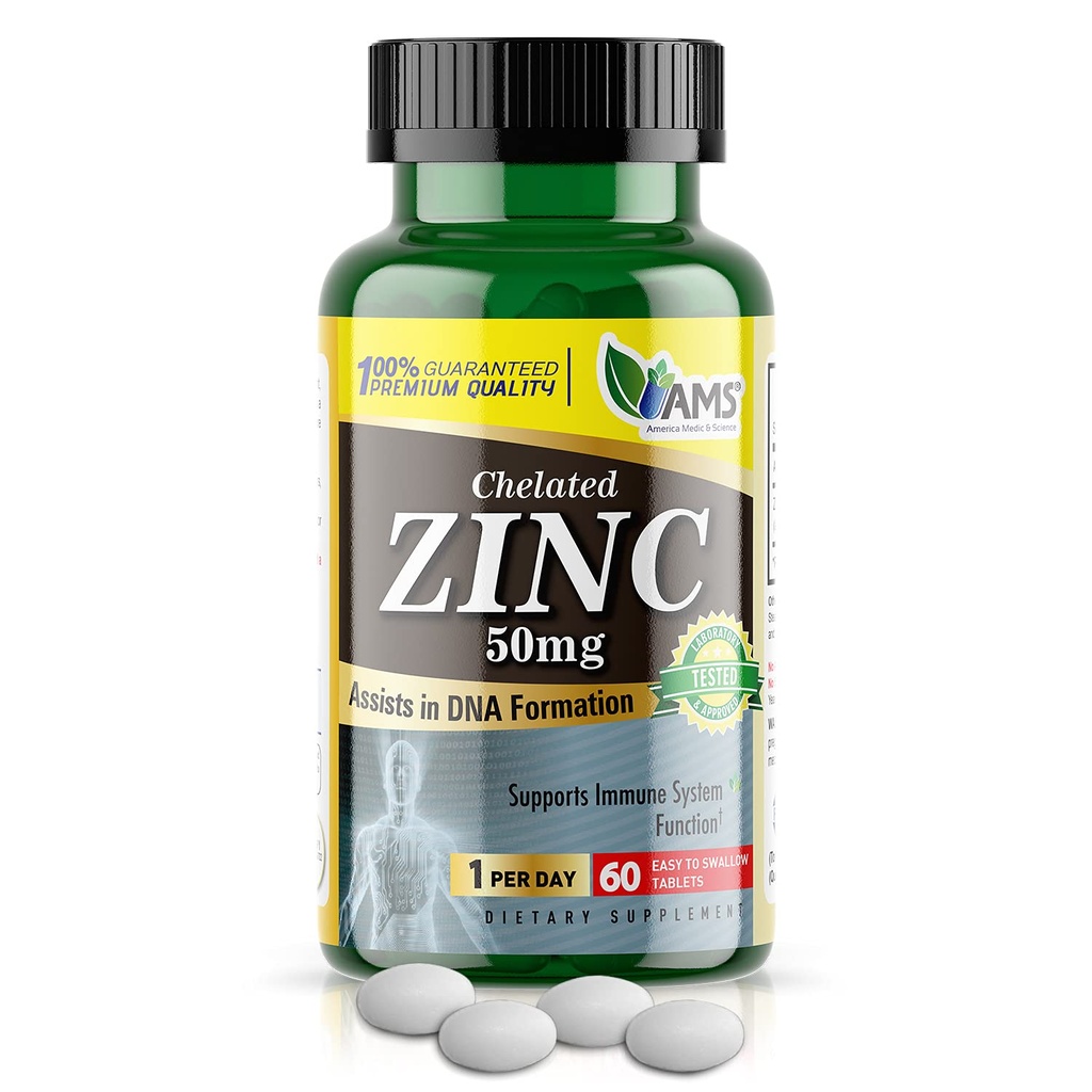America Medic &amp; Science Chelated Zinc 50 mg Suplementos (1 Pack of 60 Tablets) Booster inmunitario y potentes píldoras antioxidantes para adultos Hombres y mujeres que viven de alta absorción mineral, mejora el humor &amp; sueño