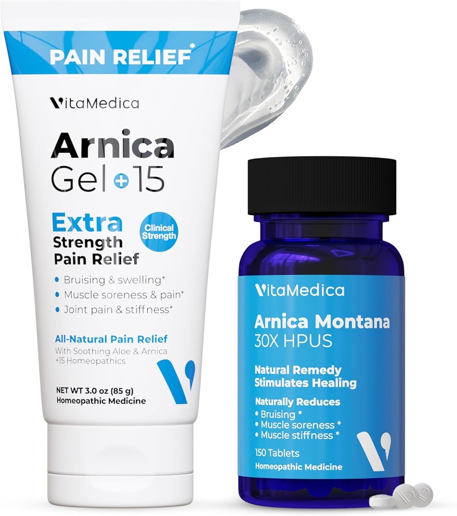 VitaMedica Arnica Montana Tablets " Arnica Gel Bundle for Natural Pain, Bruising, and Swelling - 150 Rapid Dissolve Tablets / 3 Ounce Water-Based Gel - Made in USA