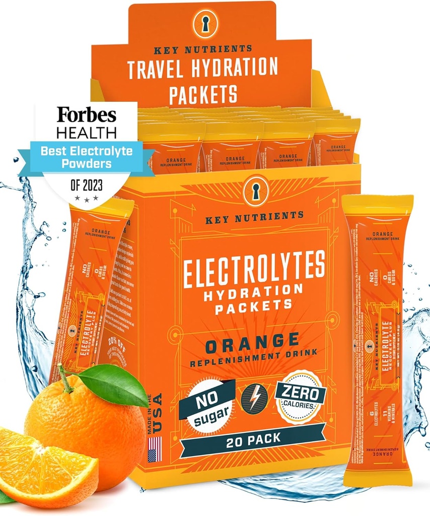 [BRSW2EIFCICQYCQ2] KEY NUTRIENTS Empaquetaduras de polvo de electrolitos 20 Pack - No Azúcar, Delicious Tangy Orange, Packs de hidratación con Polvo de electrolito para refrescar mezcla paquetes de bebidas de electrolito - Cero calorías