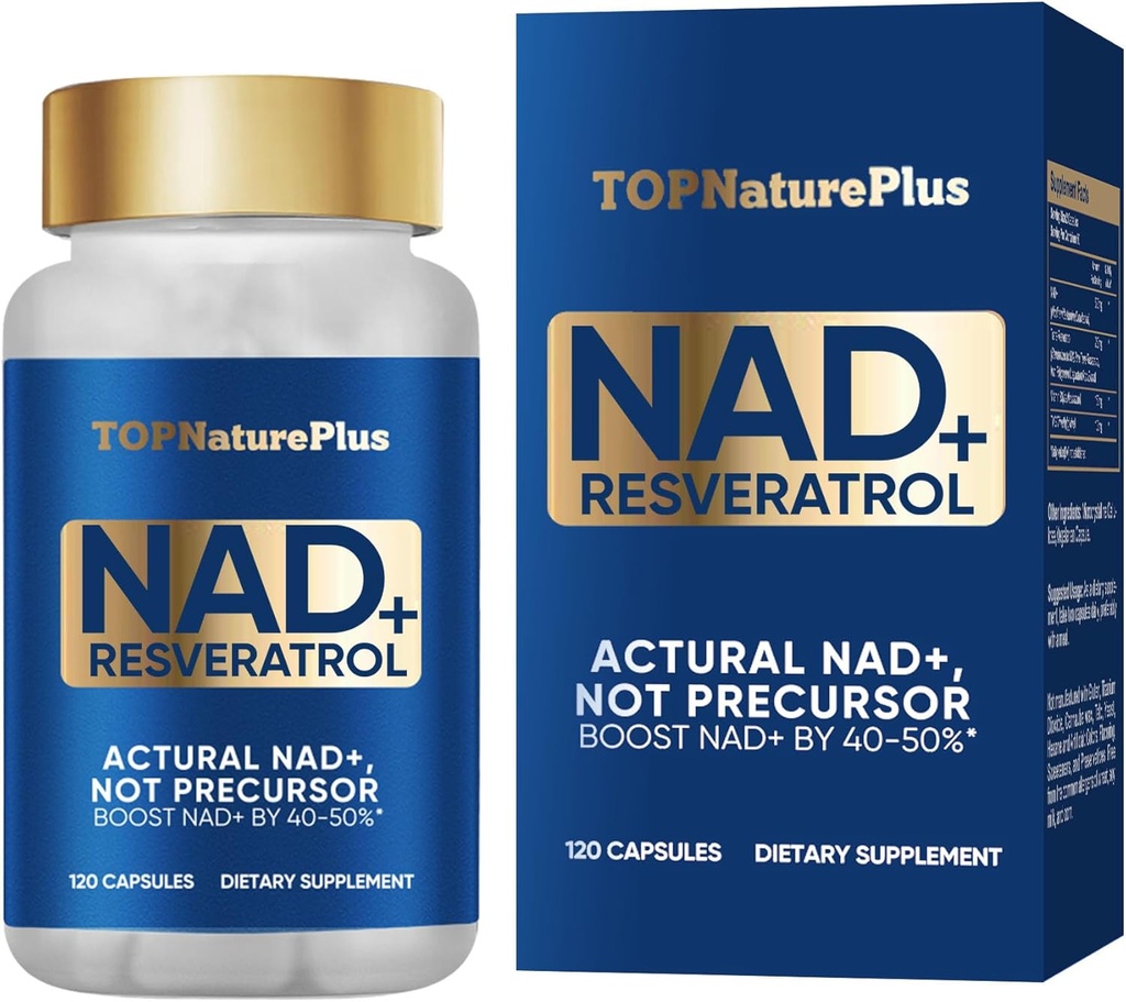 NAD+ Suplemento 1000 mg Puro Suplemento orgánico, más alto NAD+ Resveratrol Max Absorption for Energy and DNA Repair, Aging Defense, Brain Function Support, 120 cápsulas