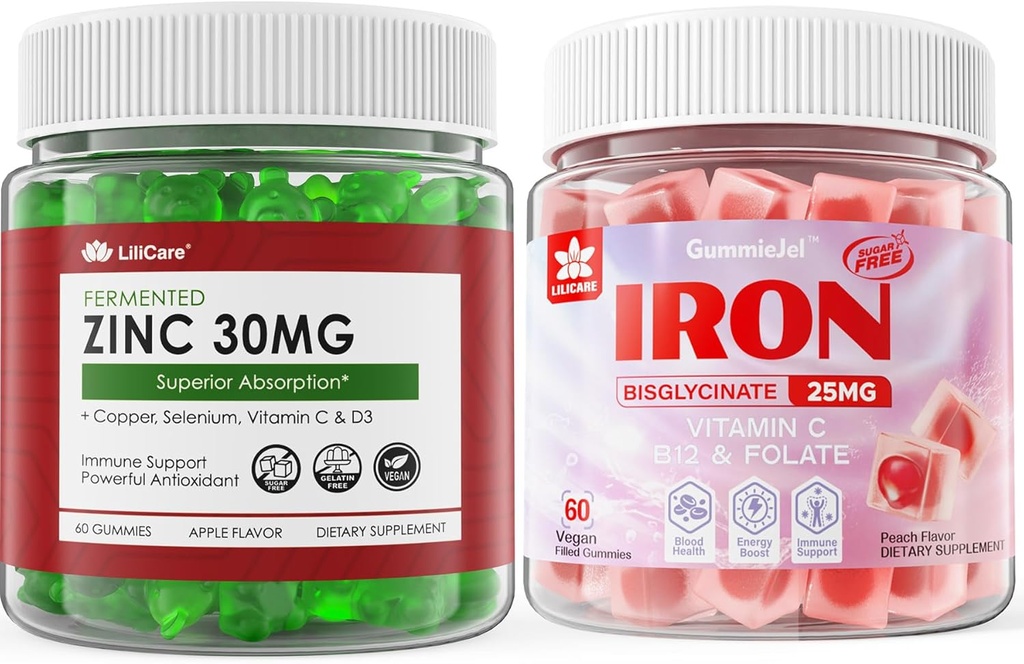 Azúcar gratis Zinc Gummies 2 Pack + Gummies de hierro vegano 1 paquete