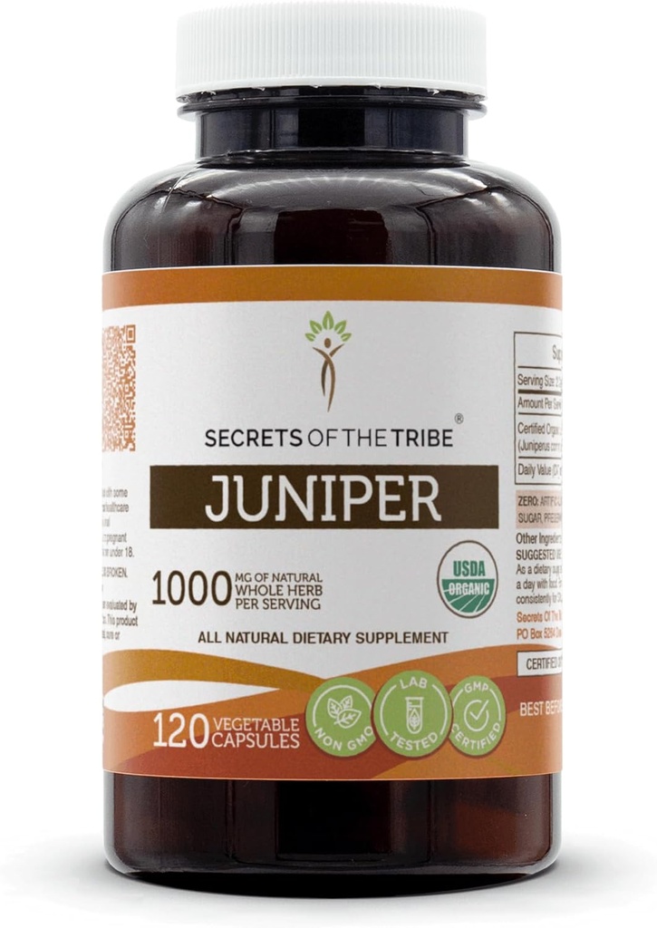Secretos de la Tribu Juniper USDA Orgánica Silencio Hecho con Capsules Vegetarianos y Juniper Orgánico Certificado (Juniperus communis) Berry seco (120 capsules)