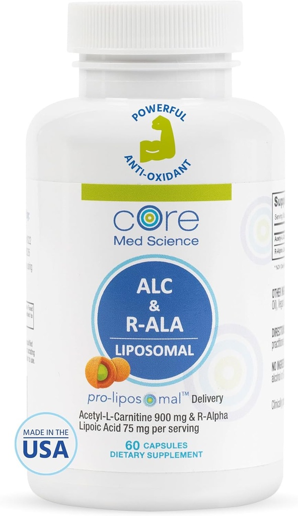 Core Med Science Liposomal ALC & R-ALA Supplement Capsules - Acetyl-L-Carnitine (900mg) & R-Alpha Lipoic Acid (75mg) - Promotes Energy & Focus - Supports Mental Function & Memory Cognition (60 Count)