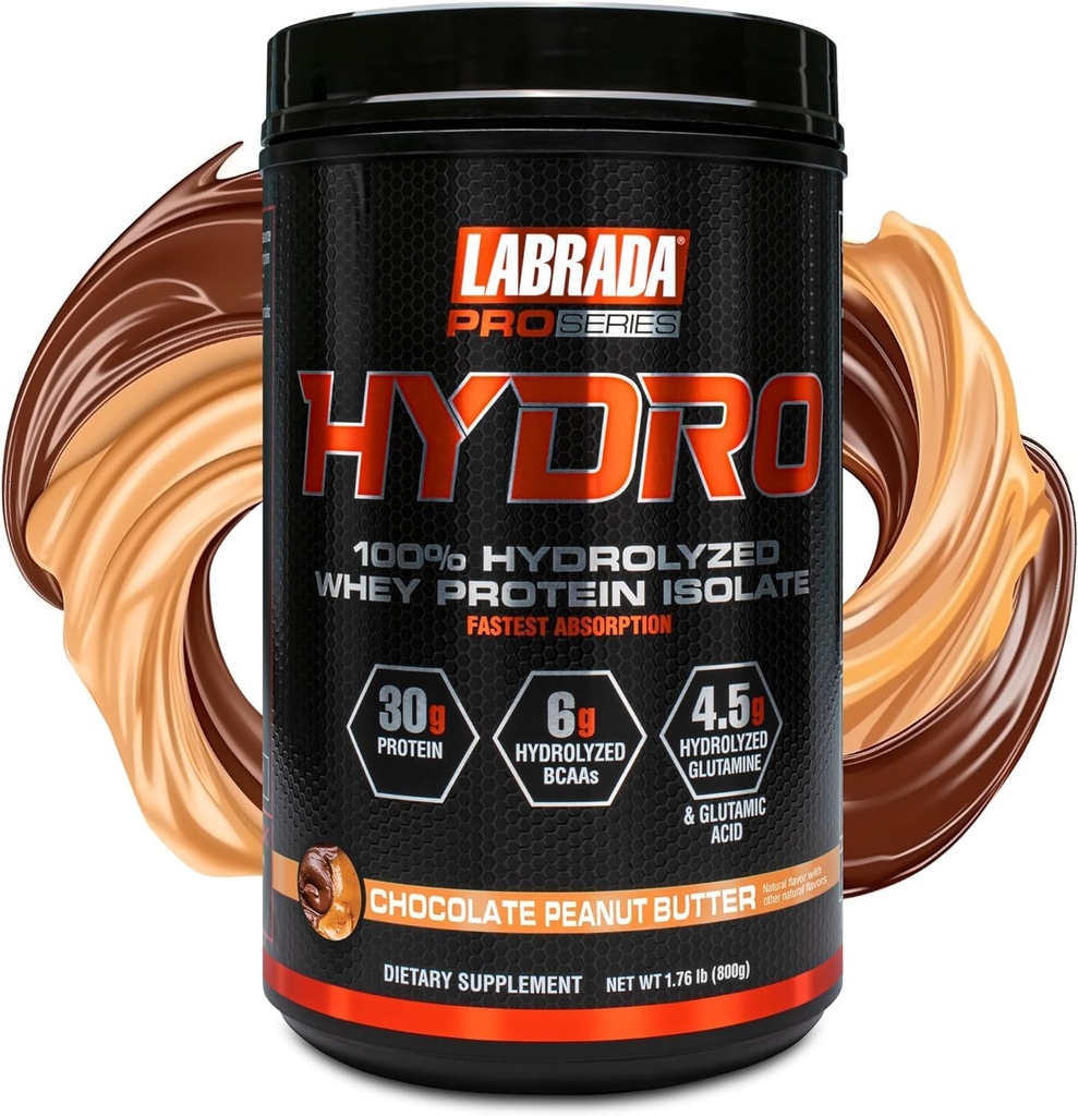 LABRADA HYDRO 100% puro hidrolizado Whey Protein Isolate Powder, Lactose Gratis, 6g BCAA's, 4.5g Glutamine, más rápido Digesting Whey Disponible, Mezcla instantánea, Delicious Taste 20 Servings Choc PeanutButter