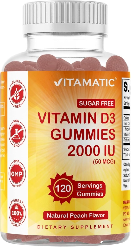 Vitamatic Sugar Free Vitamin D3 2000 UI - 120 Pectin Based Gummies - Gran sabor - Huesos saludables, Mood & Immune System Function - Non-GMO - 120 Servings