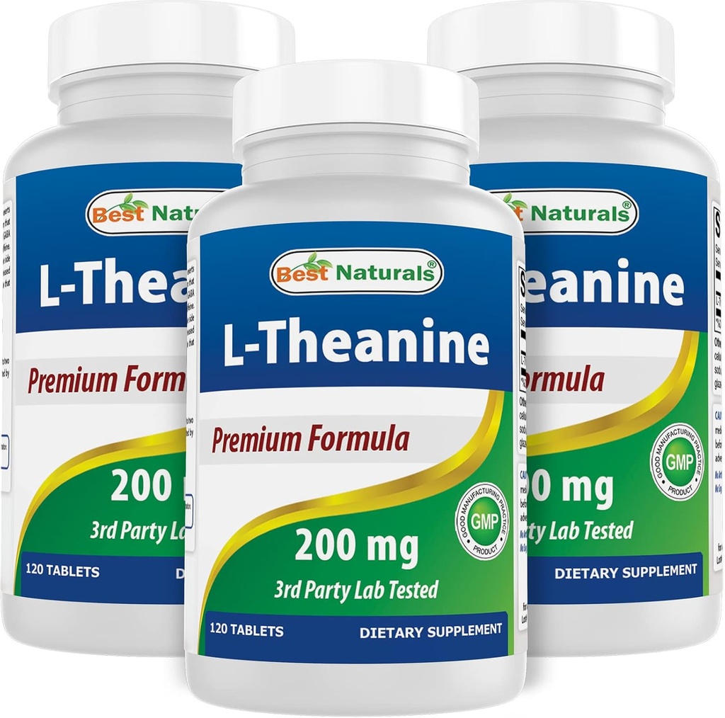 Mejores Naturales L-Theanine 200mg por Tablet (400mg por 2 Tablets) - Promueve la relajación sin somnolencia - 120 Tablas Vegetarianas - (120 Cuenta (Pack of 3))