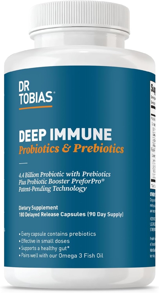 Dr. Tobias Probióticos Inmunitarios Profundas " Prebióticos, Digestión de doble acción " Apoyo inmunitario con PreforPro Prebióticos " Esponja de liberación retrasada formando probióticos para hombres de mujeres, 180 cápsulas, 90 servicios