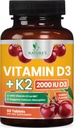 Vitamina D3 K2 2000 UI Plus con K2 (MK-7) 75 mcg - Complejo Vitaminas D & K Suplemento para el Hueso, Dientes, Músculo, Absorción de Calcio, apoya la salud cardíaca inmune, no transgénico Fórmula Chewable - 60 Tablets