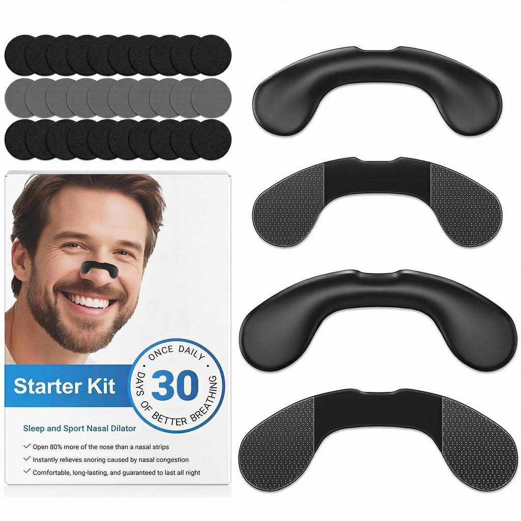 Non-Magnetic Nasal Dilator - Reusable Nose Strips for Nighttime and Sport Starter Kit - 2 Sizes for Custom Fit - 4 Nasal Bands and 60 Adhesive Patches for Airflow Support